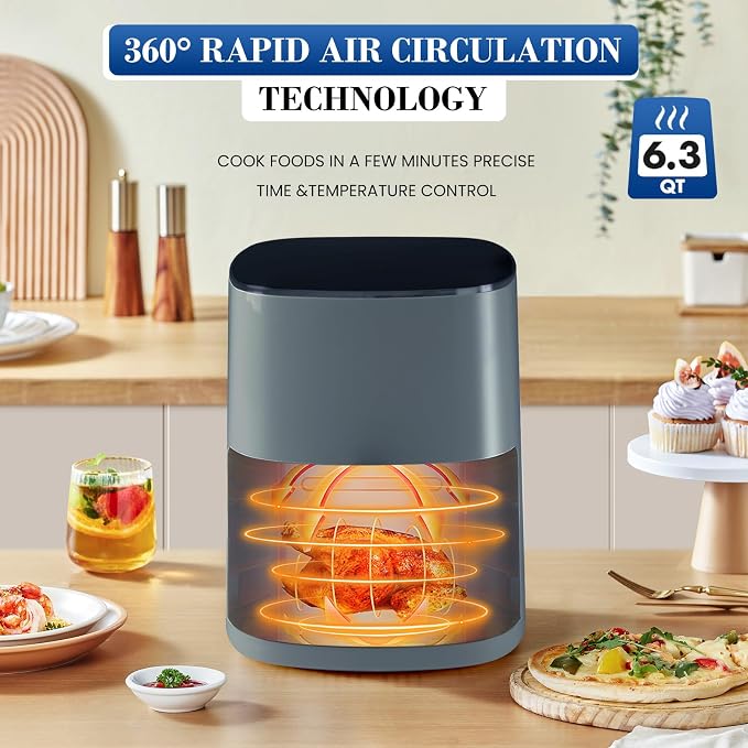 NEWBULIG Air Fryer, 6QT Square Airfryer with Visual Window, 400℉ Fast Heating Air Fryers Oven with Timer, Auto-Off, Non Toxic & Non Stick, Multiple 12 Modes for Roast, Bake, Dehydrate, Fry, Reheat