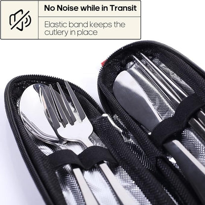 Travel Utensils with Case, Quatish Portable Silverware Set for Work, Stainless Steel Reusable Travel Cutlery, Fork and Spoon Set for Camping, Picnic, Gadgets, Lunch Box for Men, Christmas Gift, Silver