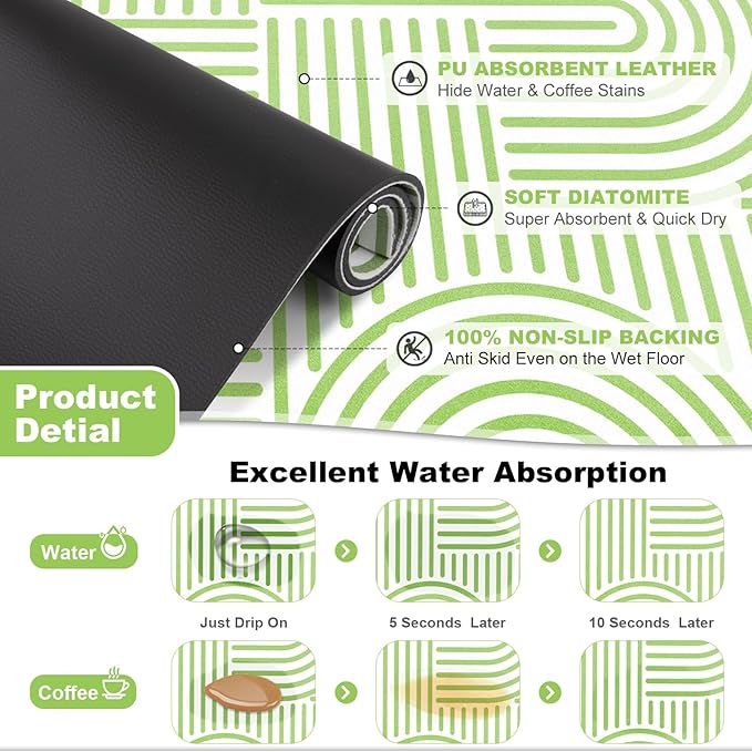 Findosom Dish Drying Mat, 12" x 20" Super Absorbent Dish Mat with Modern Geometric Striped, Hide Stain Drying Mat for Kitchen Counter, Under Dish Rack, Coffee Maker, Espresso Machine, Green & White
