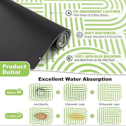 Findosom Dish Drying Mat, 12" x 20" Super Absorbent Dish Mat with Modern Geometric Striped, Hide Stain Drying Mat for Kitchen Counter, Under Dish Rack, Coffee Maker, Espresso Machine, Green & White