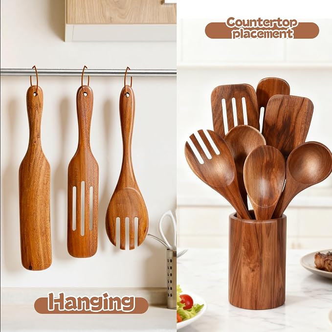 MYRAINBOW Wooden Spoons for Cooking, 10-Piece Teak Wooden Cooking Utensil Set with Holder, Nonstick, Heat Resistant Kitchen Utensils, Durable Wooden Cooking Spoons, Kitchen Cooking Gifts for Women Men