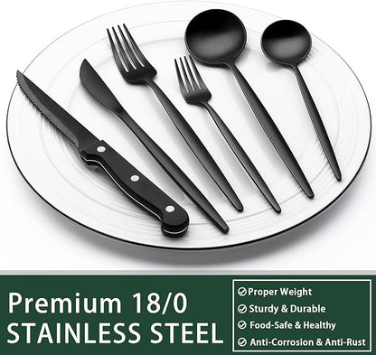 EWFEN 24-Piece Black Silverware Set with Steak Knives, Black Flatware Set for 4, Food-Grade Stainless Steel Tableware Cutlery Set, Mirror Finished Utensil Sets for Home Restaurant, Long Edge