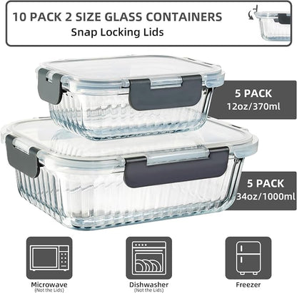 Meal Prep Containers Glass 10 Pack - Striped Food Storage Containers with Lids Airtight, 2 Sizes, Microwave Dishwasher Freezer Safe, Clear