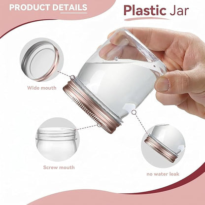 novelinks 8 oz Clear Plastic Jars with Airtight Lids, 24 Pack Plastic Mason Jars with Lids 8oz, Refillable Storage Slime Containers & Small Spice Jar for Kitchen Organization (24 Pack,Rose Gold)