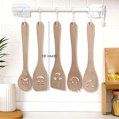 HANSGO 5PCS Wooden Spoons for Cooking, Funny Wooden Utensil Set Wood Spatulas with Smile Faces Cute Kitchen Accessories, Best Cooking Gifts for Housewarming Wedding Holidays