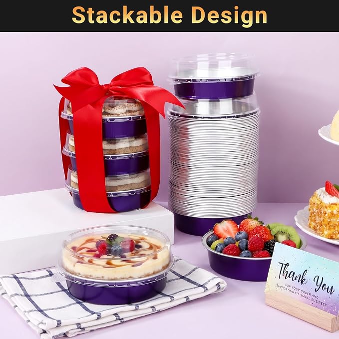 Beasea 7.3oz Cheesecake Pan with Lids, 20 Pack 4 Inch Round Aluminum Foil Disposable Tart Tins, Cupcake Container with Lids Mini Pie Tart Pans Baking Cups For Pizza Quiche - Violet Purple