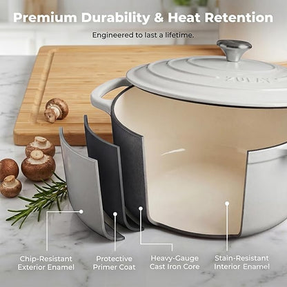 Zulay Kitchen 5 Quart Enameled Cast Iron Dutch Oven Pot with Lid – Premium Durability & Oven Safe up to 500°F – Heavy Duty Cookware Perfect for Bread Baking, Stews, Braising & Roasting – White