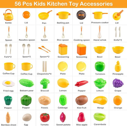 56Pcs Mini Play Kitchen Accessories for Kids, Pretend Cooking Playset with Cookware, Tableware & 2 Fruit Sets, Learning Gift for Girls, Boys, Toddlers, Yellow