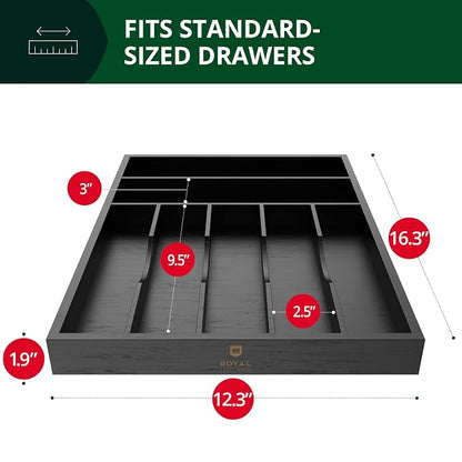 Luxury Bamboo Kitchen Drawer Organizer - Silverware Organizer - Utensil Holder and Cutlery Tray with Grooved Drawer Dividers for Flatware and Kitchen Utensils (7 Slot, Black)