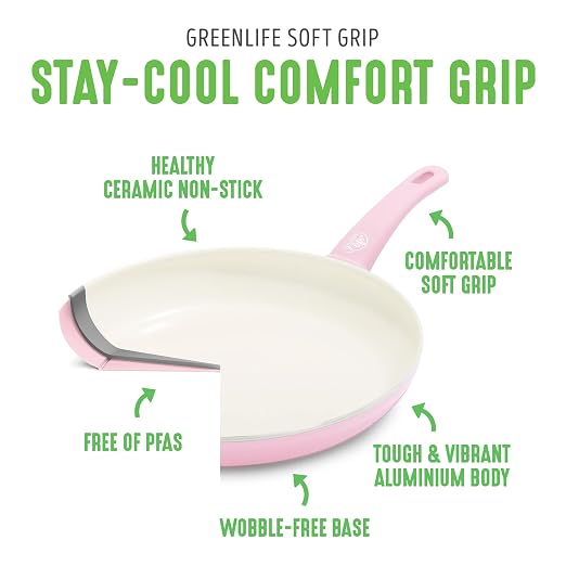GreenLife Nonstick 8" Frying Pan Skillet, Non-Toxic PFAS-Free Ceramic Nonstick, Dishwasher & Oven Safe, Stay-Cool Handles, Wobble Free, Pink