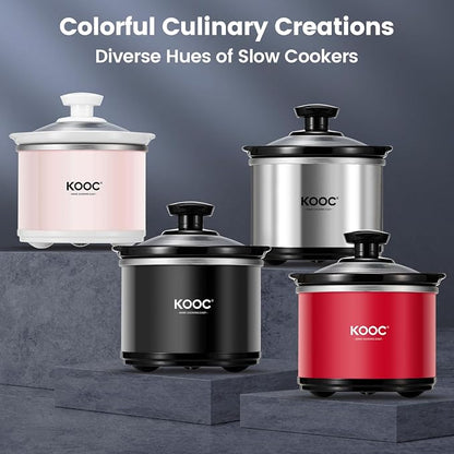 KOOC Small Slow Cooker, 0.65-Quart, Free Liners Included for Easy Clean-up, Upgraded Ceramic Pot, Nutrient Loss Reduction, Stainless Steel, Silver, Round