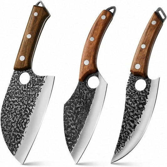 Newise 3-Piece Kitchen Knife Set, Chef Knife & Heavy Duty Meat Cleaver & Universal Chopping Knife, Japanese Steel with Beech Wood Handle, Essential Cutting Knives Set for Home Cooking