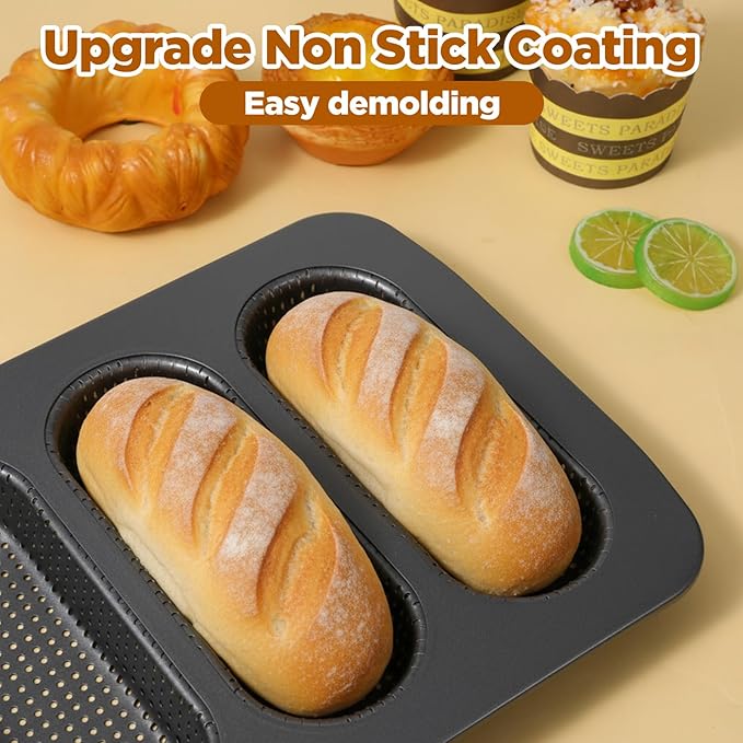 2 Pcs Hot Dog Bun Pan, 4 Cavity Perforated Carbon Steel Bread Loaf Pan, Nonstick & Heat Resistant for Homemade Buns, Mini Baguettes & Sandwich Baking, Bun Rolls, Dishwasher Safe (PFOA-FREE)