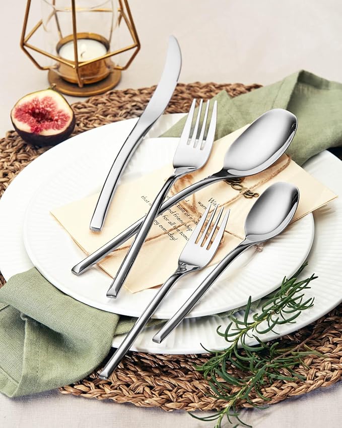 Lemeya 20-Piece Silverware Set for 4,Modern 18/10 Stainless Steel Flatware Set,Luxury Cutlery Set,Unique Utensils Set for Restaurant,Spoons and Forks Set,Mirror Polished,Dishwasher Safe