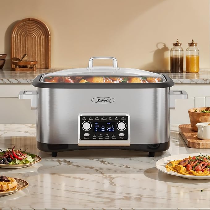 12-in-1 Programmable Slow Cooker, 8 Quart Digital Multi-Cooker Food Warmer with Timer, Temp Control & Auto Shut Off, Removable Non-Stick Pot, Dishwasher-Safe Glass Lid, Stainless Steel