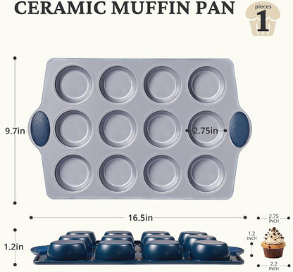 BRONYPRO 12-Cup Non Toxic Nonstick Ceramic Muffin Pan & Cupcake Tin, PFOA & PFOA Free, Heavy Duty Rust-Resistant Aluminized Steel, Oven Safe, Blue