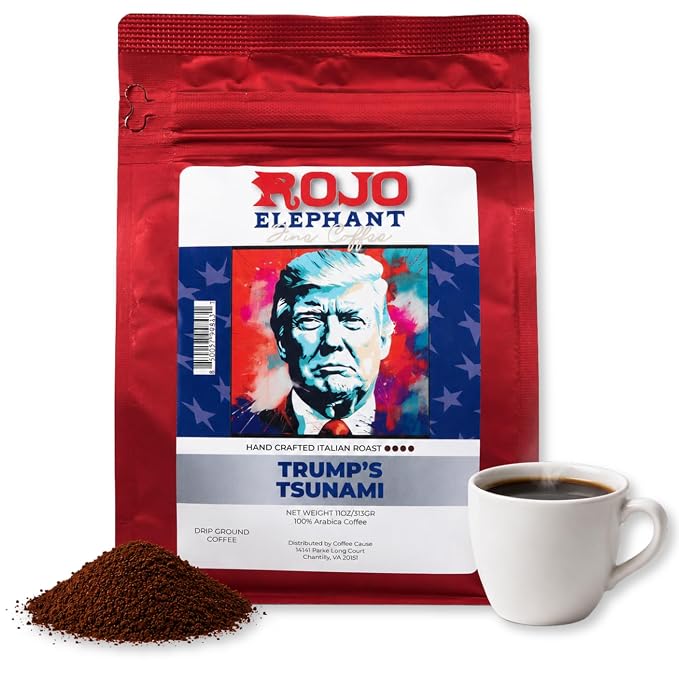 Rojo Elephant Caffeinated Ground Coffee, Single Origin Arabica Beans, Naturally Low Acid, Premium Ground Coffee (11 oz Bag) (Italian Roast -Trump's Tsunami)