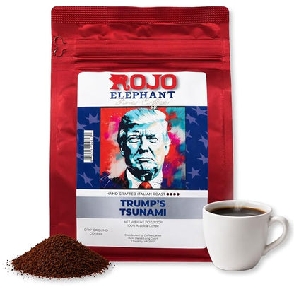 Rojo Elephant Caffeinated Ground Coffee, Single Origin Arabica Beans, Naturally Low Acid, Premium Ground Coffee (11 oz Bag) (Italian Roast -Trump's Tsunami)