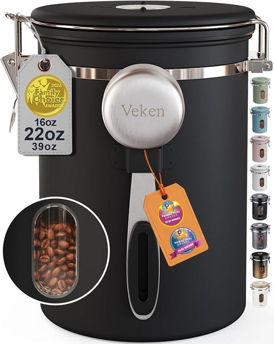 Veken Coffee Canister with Window,Airtight Stainless Steel Pantry Container,Kitchen Food Storage Organizers for Beans,Ground,Espresso,Rice,Tea,Sugar, Cereal, Bar Accessories,Gifts,Lids,Jars,22OZ,Black