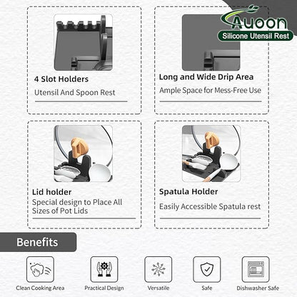 Auoon Silicone Spoon Rest with Lid Holder - 3 in 1 Kitchen Utensil Rest for Soup Ladles, Pot Lids, Spatulas, Spoons, Tongs, BPA Free & Dishwasher Safe, 8.26 x 8.06 Inch (Gray, Large)