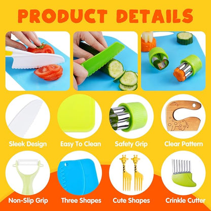 Doiaz Kidz Safe Knife Set for Toddlerz Real Cooking - Toddlerz Knives Sets Kitchen Tools with Gloves Cutting Board Fruit Vegetable Crinkle Cutters