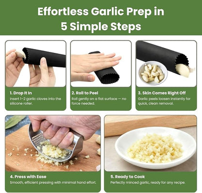 Garlic Press Rocker 304 Stainless Steel Garlic Mincer & Crusher with Silicone Peeler and Cleaning Brush, Ergonomic Dishwasher Safe Garlic Chopper Kitchen Gadget for Seniors & Home Cooks