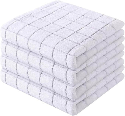 Mordimy 100% Cotton Terry Cloth Kitchen Towels, Super Soft and Absorbent Dish Towels for Drying, Checkered Designed Hand Towels for Kitchen, 13 x 28 Inches, 4 Pack, White