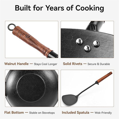 WANGYUANJI Cast Iron Wok Pan with Lid, 14.2 Inch Large Flat Bottom Uncoated Stir Fry Skillet, Heavy Duty Chinese Iron Pot for 4-6 People, Detachable Walnut Handle, Induction & Gas Safe