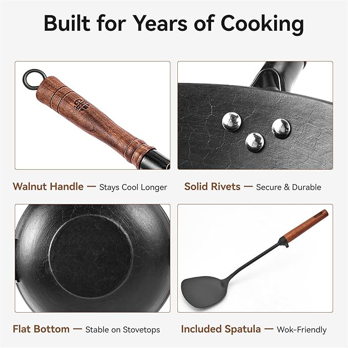 WANGYUANJI 12.6 Inch Cast Iron Wok Pan with Wood Lid, Uncoated Flat Bottom Chinese Stir Fry Pan, Heavy Duty Wok for Induction, Gas and Electric Stoves