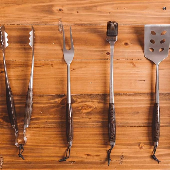 Schmidt Brothers - BBQ Ash 4 Piece Grill Set, Full-Forged Stainless Steel Grilling Utensils Including Spatula, Fork, Basting Brush, and Tongs with All Wood Handles
