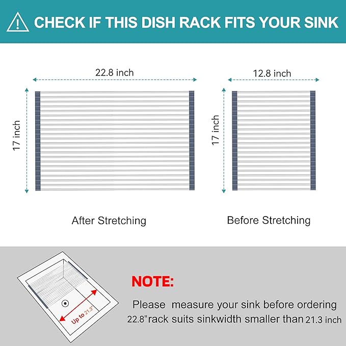 BBXTYLY Extra Large Expandable Roll Up Dish Drying Rack,Over The Sink Drying Rack Sink Cover Kitchen Sink Accessories Kitchen Rolling up Stainless Steel Drainer, Foldable,Rollable（Gray，22.8''-17.3''）