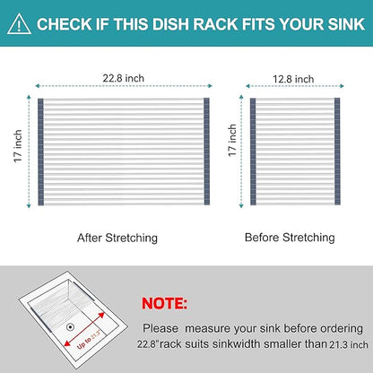 BBXTYLY Extra Large Expandable Roll Up Dish Drying Rack,Over The Sink Drying Rack Sink Cover Kitchen Sink Accessories Kitchen Rolling up Stainless Steel Drainer, Foldable,Rollable（Gray，22.8''-17.3''）