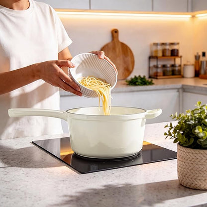 2 Pcs Enameled Sauce Pan with Lid, Leonyo 1 Qt & 2 Qt Cast Iron Saucepan Set, Small Bread Dutch Oven Pots for All Kitchen Cooktops Cooking Pasta, Milk, Soup - Up to 500°F, Cream White