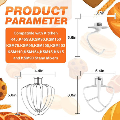 3 Pack Mixer Attachments Set for KitchenAid 4.5-5 Quart Tilt-Head Stand Mixers, Replacement Parts Kit with K45DH Dough Hook, K45B Coated Flat Beater, Stainless Steel K45WW Wire Whip, Dishwasher Safe
