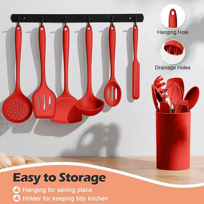 Homikit Kitchen Cooking Utensils Set with Holder, 15-Piece Silicone Spatula Set for Nonstick Cookware, 446°F Heat Resistant Spoon Turner Tong Whisk Brush for Cooking and Baking-Red