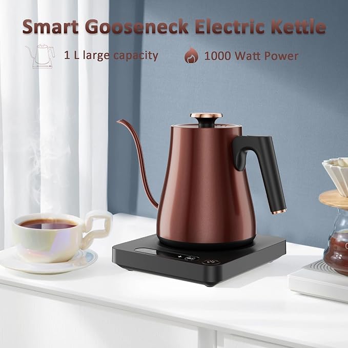 Gooseneck Electric Kettle with Temperature Control, 1.0L Pour Over Coffee Kettle, 1000W Fast Boil Tea Heater, Keep Warm Function, LED Display, 304 Stainless Steel, Vintage Copper, BPA-Free