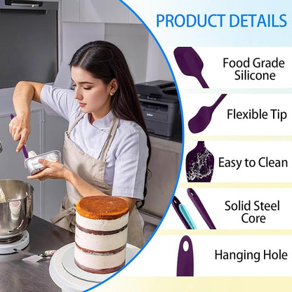 Silicone Spatula Set, Food Grade Rubber Spatula, 4 Pcs Heat Resistant Silicone Spatulas, One Piece Design Non-Stick Kitchen Utensils for Cooking, Stirring, Baking & Mixing, Dishwasher Safe (Purple)