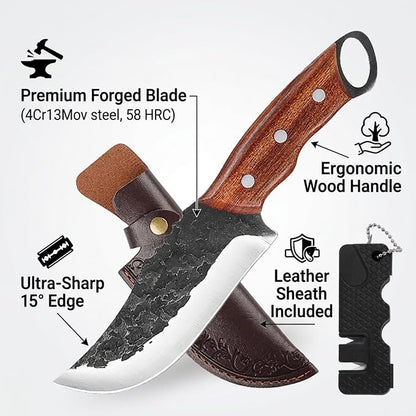 KOFERY Hand Forged Serbian Chef Knife and Viking Butcher Cleaver in 4Cr13MoV Steel with Full Tang Rosewood Handle for Camp & BBQ Butchering with Leather Sheath and Sharpener