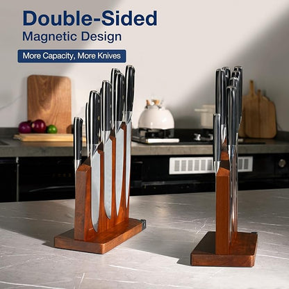 Gourmetop Magnetic Knife Holder with Built-in Sharpener, 100% Acacia Wood Magnetic Knife Block without Knives, Strong Double-Sided Magnetic Knife Holder for Kitchen Countertop Organization, Dark Wood