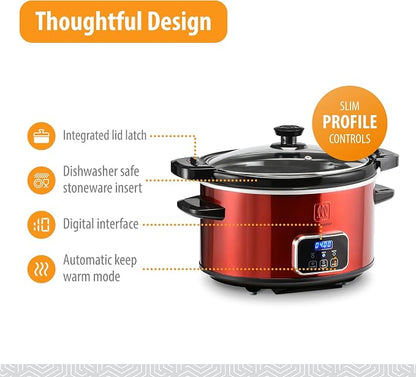 Toastmaster 4-Quart Digital Slow Cooker with Locking Lid - Food Warmer for Dip, Soups, Parties, Meal Preparation & More - Red