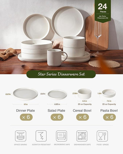 Famiware Star Dinnerware Set with Pasta Bowls, Service for 6 (24 Pieces), Ribbed Stoneware Plates and Double Bowls Sets - Chip & Scratch Resistant, Microwave & Dishwasher Safe Dishes, Matte White