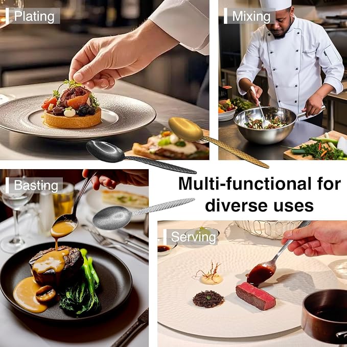 Kunz Spoons - Professional Chef Spoon Set for Basting, Plating, Quenelle, Serving, Sauces| Vintage-inspired 8" & 9" Spoon Set| Culinary Plating Tools with Non-Slip Grip (Matte Silver)