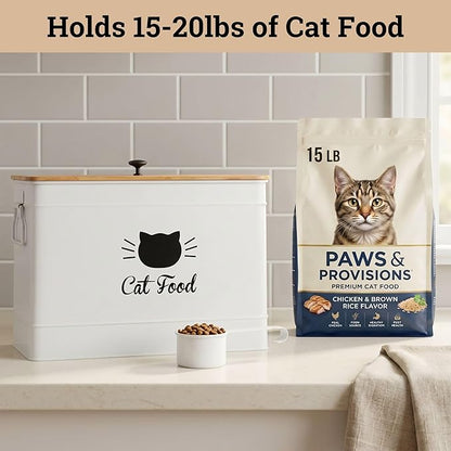 Cat Food Storage Container with Scoop - 15 lb (50 Cup) Capacity Metal Cat Food Container with Airtight Bamboo Lid & Metal Scoop - Airtight Pet Food Storage Containers - 15 lb Treats & Kibble Container