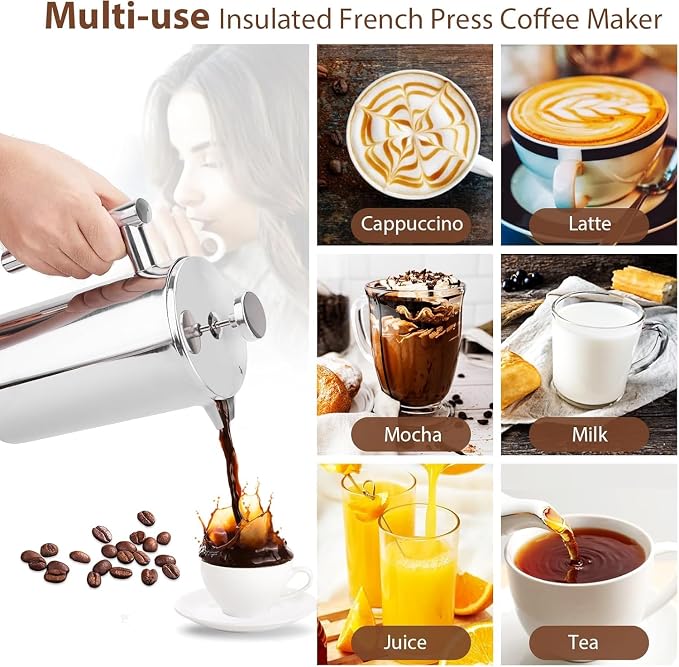 Miuly 34oz French Press Coffee Maker Stainless Steel Insulated Coffee Press Stainless Steel French Press 1 Liter (1000ML, Sliver)