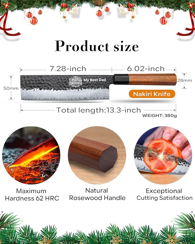 FAMCÜTE Custom Engraved 7'' Nakiri Knife, Hand Forged 5-Layer 9CR18MOV Steel Japanese Chef Knife with Rosewood Handle, Personalized Birthday Gifts for Men/Dad (Luxury Sandalwood Box)