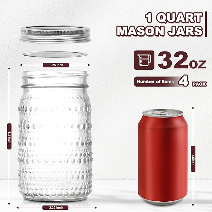 Wide Mouth Mason Jars 32oz, 4 Pack Quart Mason Jars with Lids, Glass Canning Jars for Pickling, Storing Food, Meal Prep, Salad Jam, Overnight Oats, Yogurt