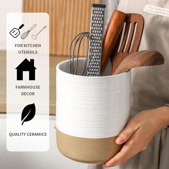 HASENSE Large Ceramic Utensil Holder, 7.4" Cooking Utensil Crock for Kitchen Counter, Utensil Organizer Caddy for Kitchen Utensil Set, Vintage Farmhouse Decor Gift, White