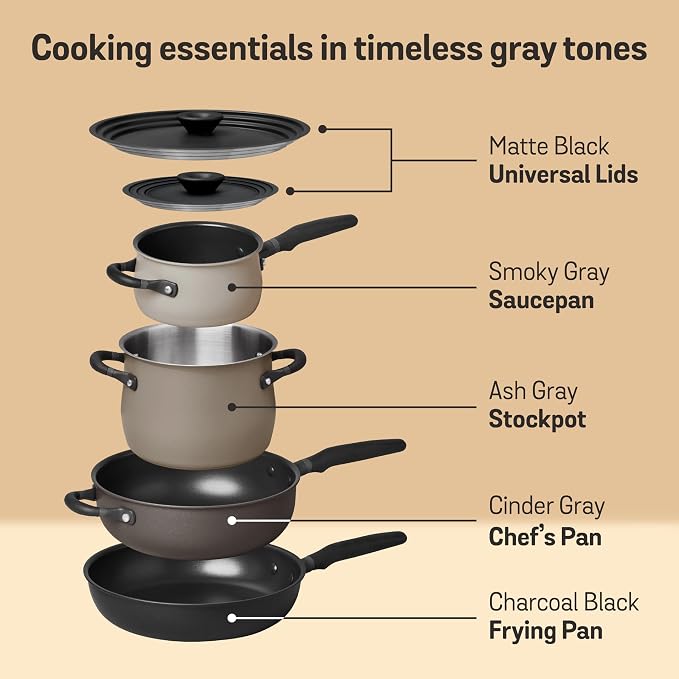 Meyer 6pc Stackable Set with Universal Lids | Hard Anodized Non Stick and Stainless Steel Pots and Pans | Induction Compatible | Dishwasher Safe | Oven Safe | Black & Gray | Accent Series Cookware