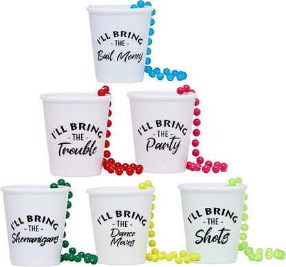 Funky Junque Bride Shot Glass Necklace Set - Bachelorette Party Shot Glass Necklaces with Fun Phrases for Girls Night out - 6 Pack - Girls Night Pack