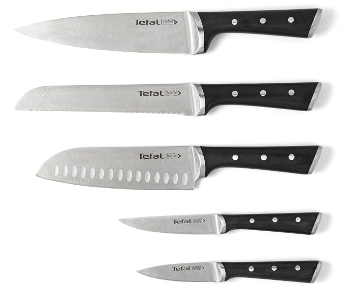 Tefal Wooden Knife Block 5pc Set- Ice Force Knives, German Stainless Steel & Premium Design - Bread 20 cm | Chef 20 cm | Santoku 18 cm | Utility 11 cm | Paring 9 cm - K232S574